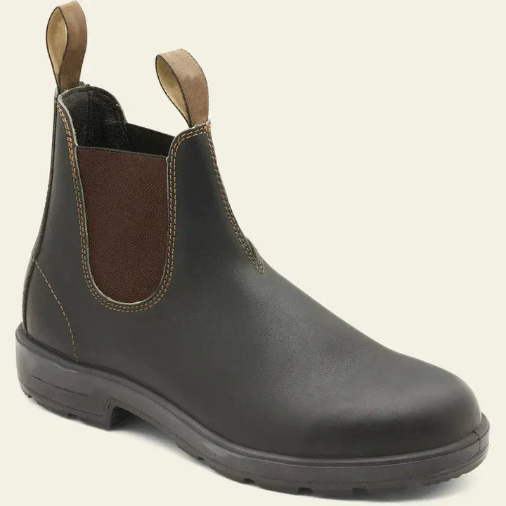 Men's brown leather Chelsea ankle work boots, featuring easy slip-on design for daily wear.