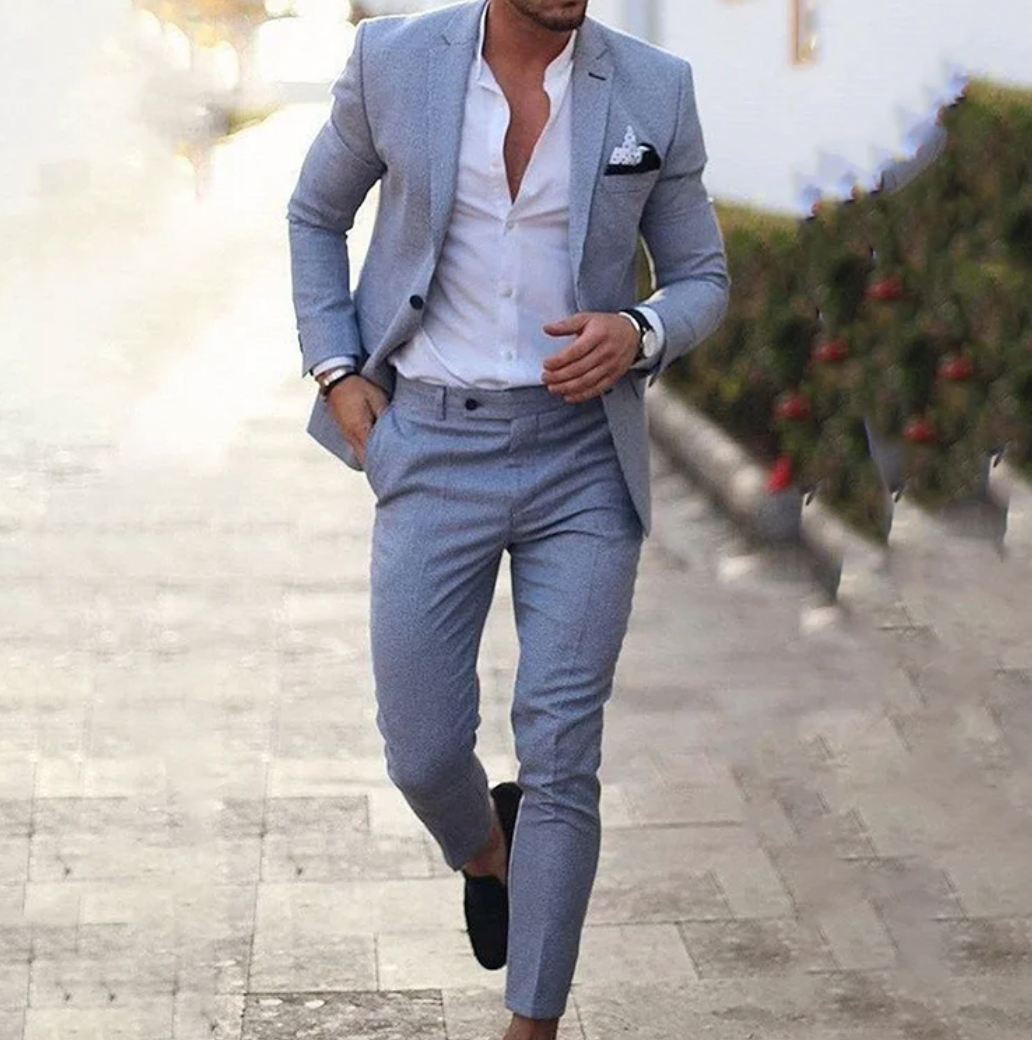 Stylish men's two-piece business casual suit. Blazer and trousers for a modern professional look and men's style.
