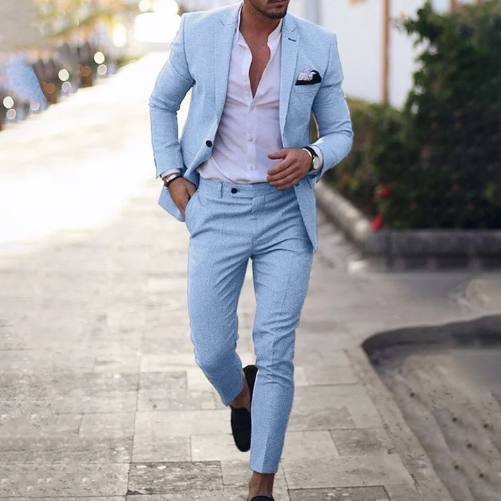 Versatile men's business casual suit set. Blazer and trousers create a sharp men's outfit for any occasion.