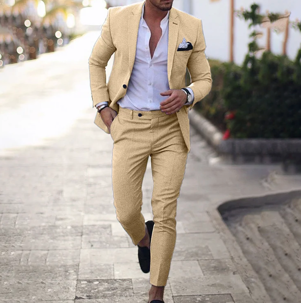 Modern men's business casual suit. This stylish blazer and trousers set is perfect formal wear for stylish men.