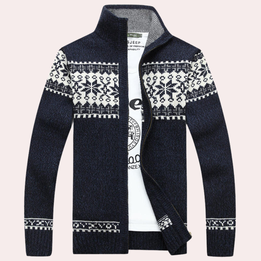 Men's full zip patterned cardigan. Stylish long sleeve knit sweater with stand-up collar, perfect for winter warmth.