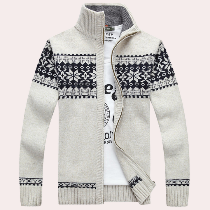 Close-up of a men's full zip patterned cardigan, showcasing its unique knit pattern and stand-up collar detail.