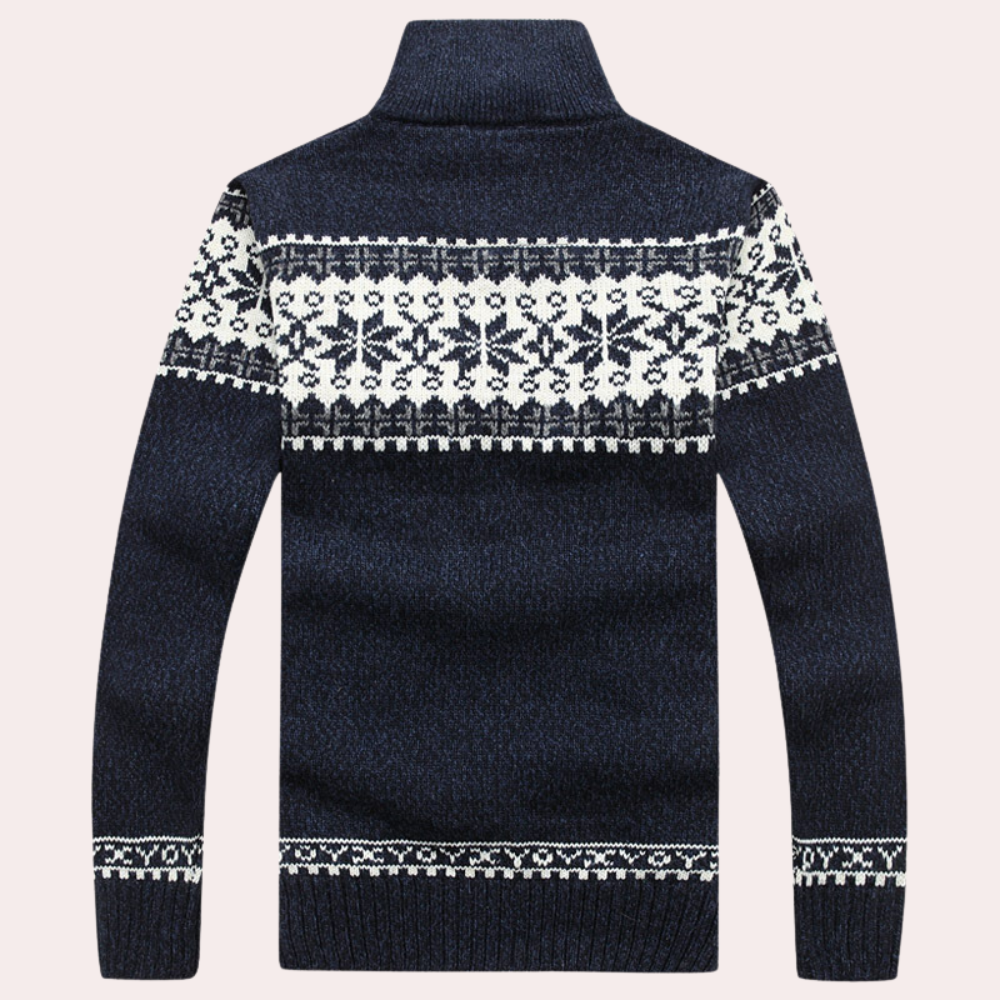 Men's stylish patterned full zip cardigan. Warm, cozy long sleeve sweater for winter fashion and casual outerwear.