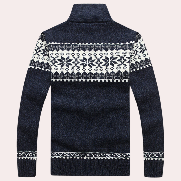 Men's stylish patterned full zip cardigan. Warm, cozy long sleeve sweater for winter fashion and casual outerwear.
