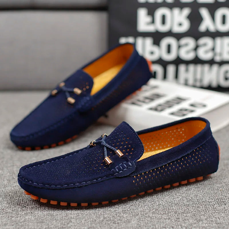 Close-up of men's comfortable slip-on loafers with breathable mesh