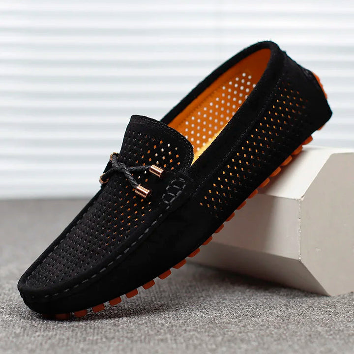 Side view of men's versatile slip-on shoes in navy blue