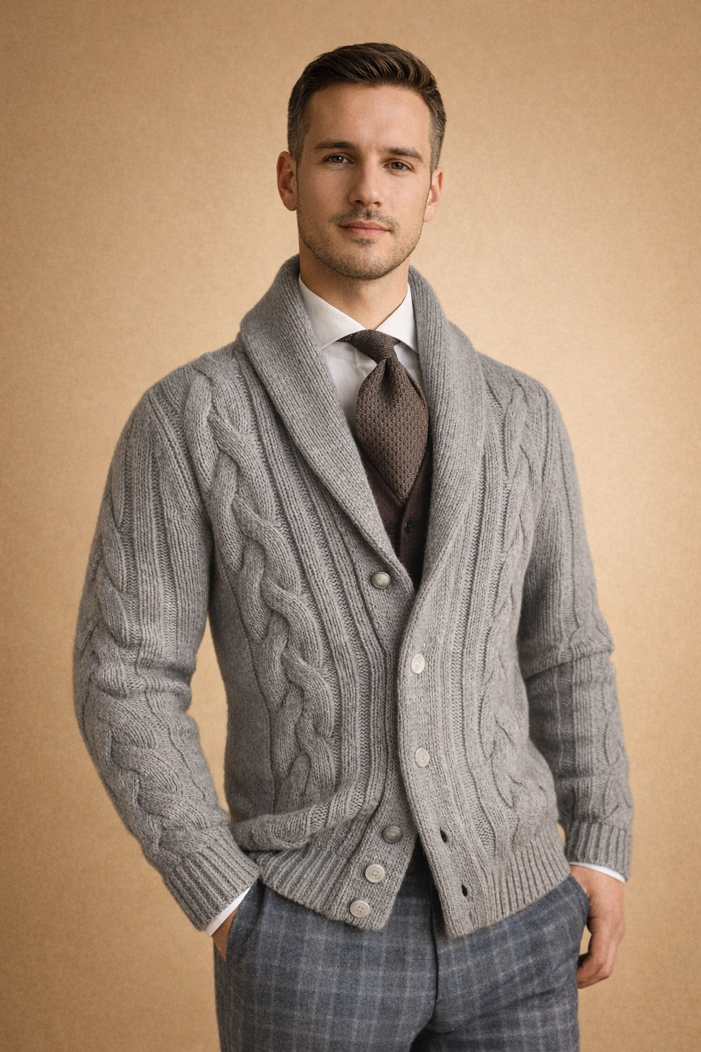Stylish men's knit cardigan with buttons, offering warm layers for cozy fall fashion & versatile daily outerwear.
