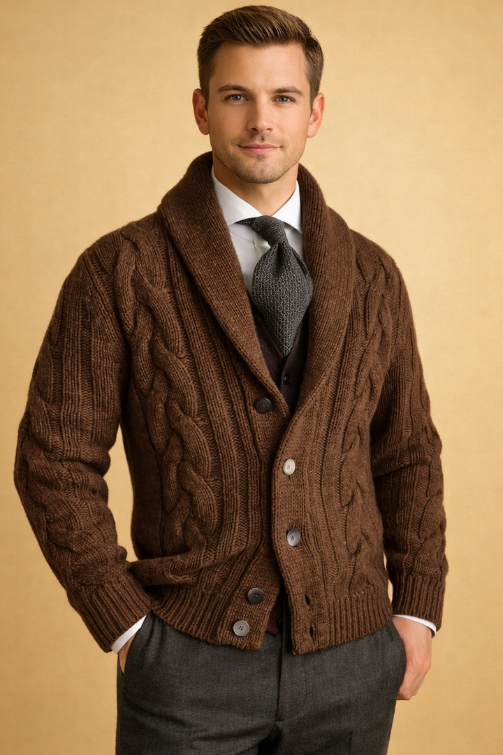 Comfortable men's long-sleeve button cardigan, soft knitwear for warm fall fashion & essential winter layers.