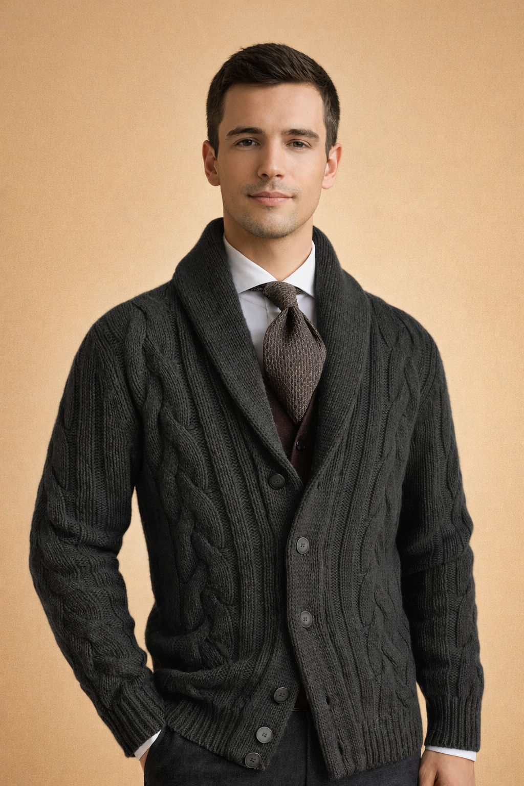 Warm men's button cardigan, cozy knitwear perfect as a comfortable long-sleeve outer layer for casual fall & winter.