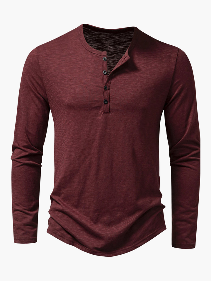 Men's casual wear essential: a comfortable henley long sleeve t-shirt.