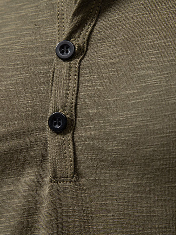 Close-up of a comfortable men's long sleeve henley shirt.