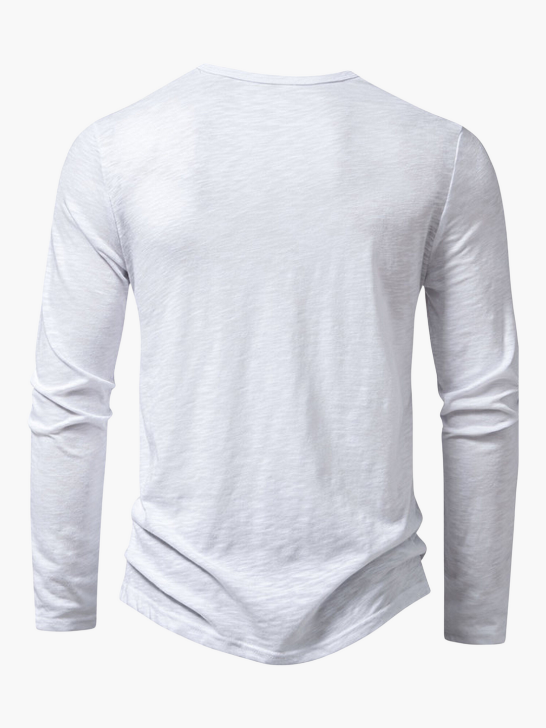 Front view of a men's long sleeve henley shirt, showing button detail.