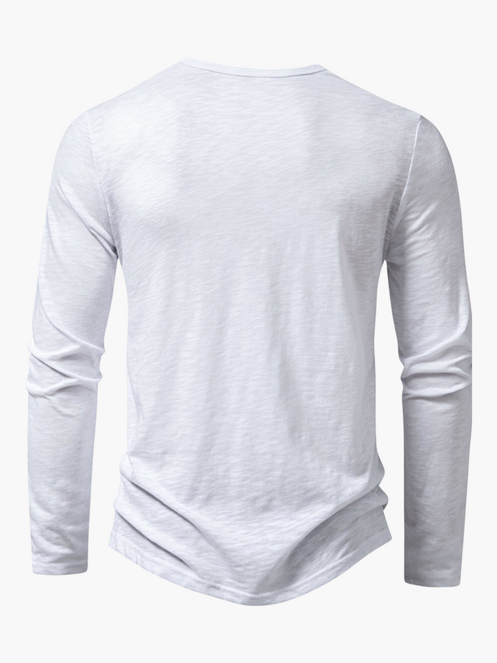 Front view of a men's long sleeve henley shirt, showing button detail.
