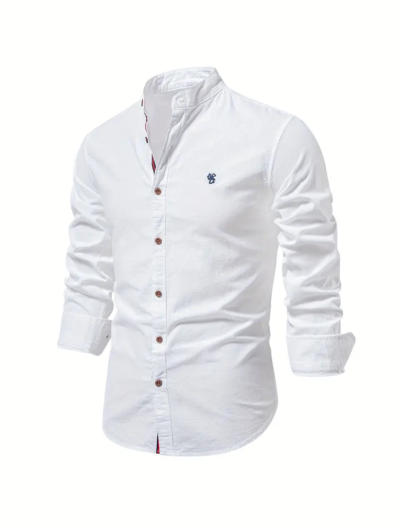 Men's casual long sleeve button-up shirt with stand collar, ideal for versatile summer, spring, autumn fashion.