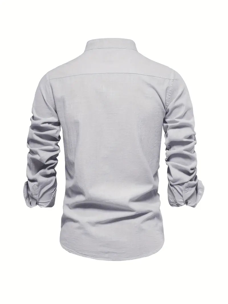 Solid color men's casual long sleeve button-up shirt, featuring a stand collar for summer style.