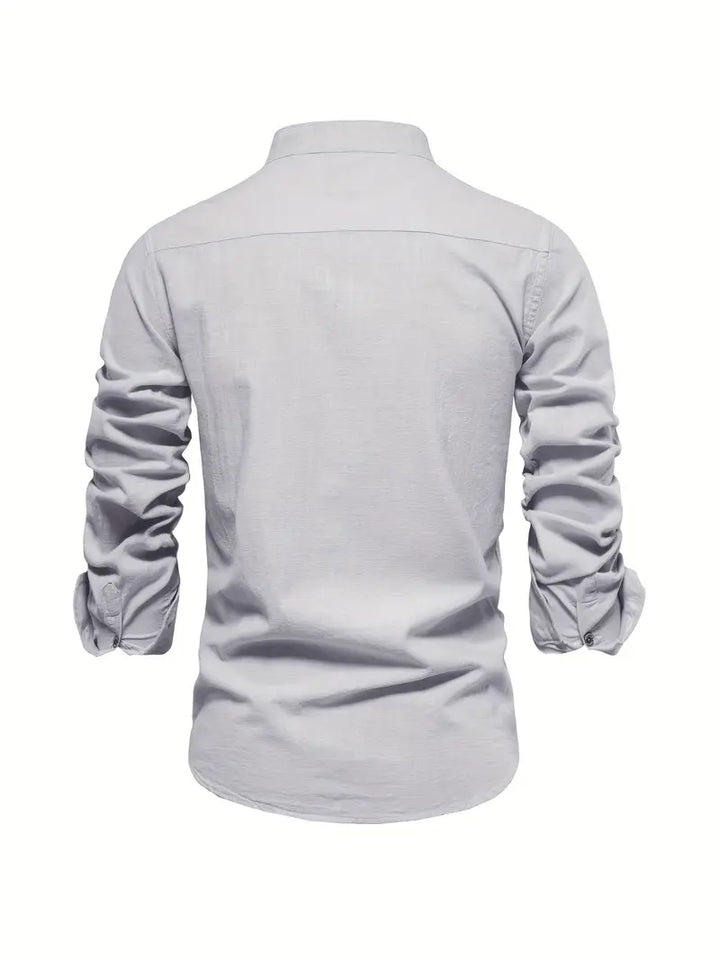 Solid color men's casual long sleeve button-up shirt, featuring a stand collar for summer style.