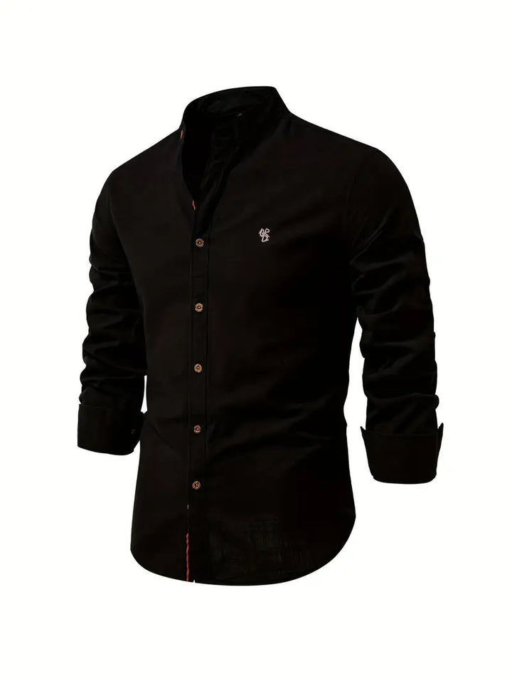 Casual men's long sleeve button-up shirt with a stand collar, a versatile fashion top for various occasions.