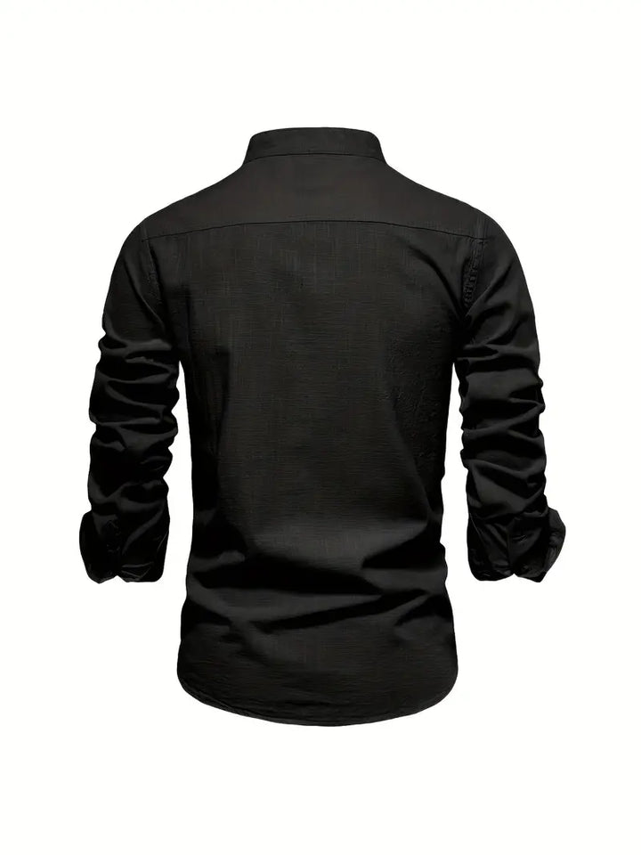 Men's summer casual long sleeve button-up shirt, solid color, regular fit, ideal for warm weather style.