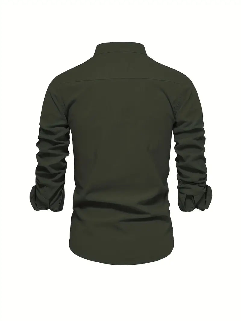 Men's solid color long sleeve casual shirt, button-up with stand collar, for everyday summer fashion.