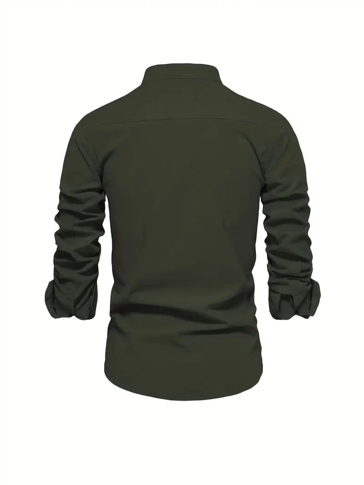 Men's solid color long sleeve casual shirt, button-up with stand collar, for everyday summer fashion.