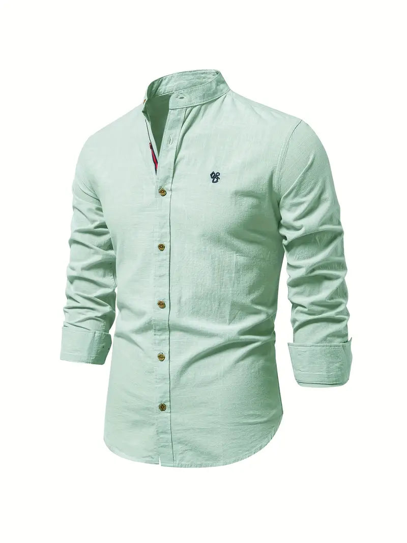 Stylish men's button-up long sleeve shirt with stand collar, perfect for spring and summer casual wear.