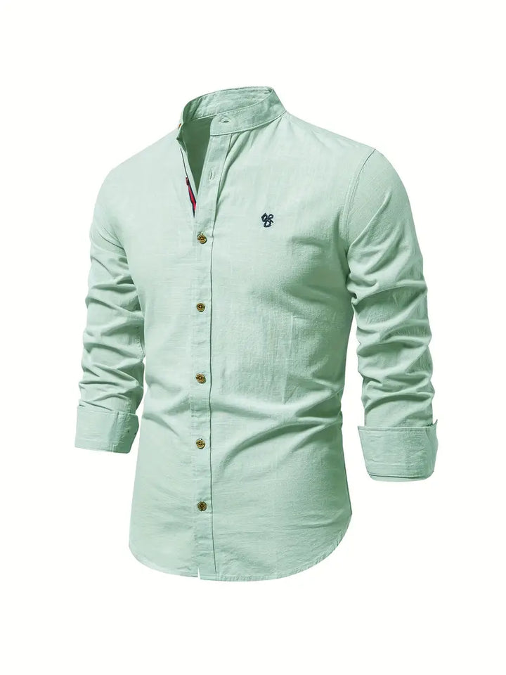 Stylish men's button-up long sleeve shirt with stand collar, perfect for spring and summer casual wear.