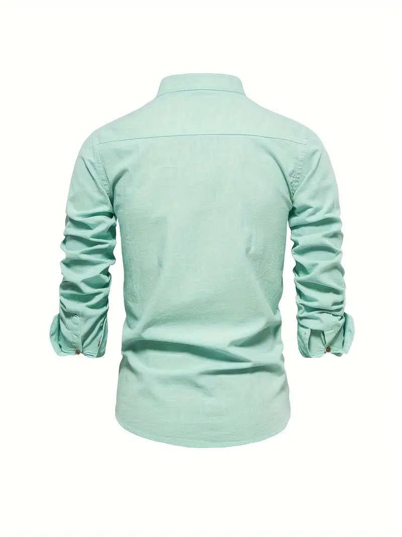 Embroidered men's casual long sleeve button-up shirt, a fashionable versatile top for seasonal style.
