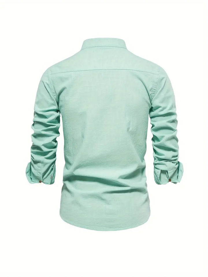 Embroidered men's casual long sleeve button-up shirt, a fashionable versatile top for seasonal style.