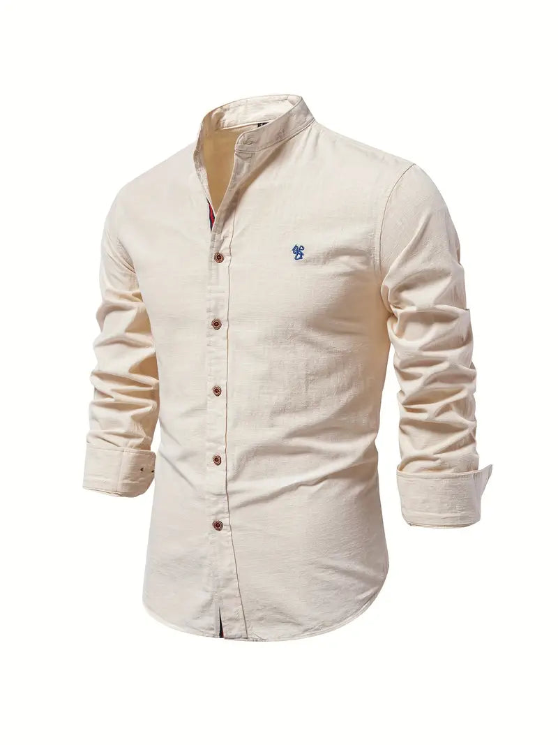 Men's summer fashion long sleeve button-up shirt, a casual solid color top with a smart stand collar.