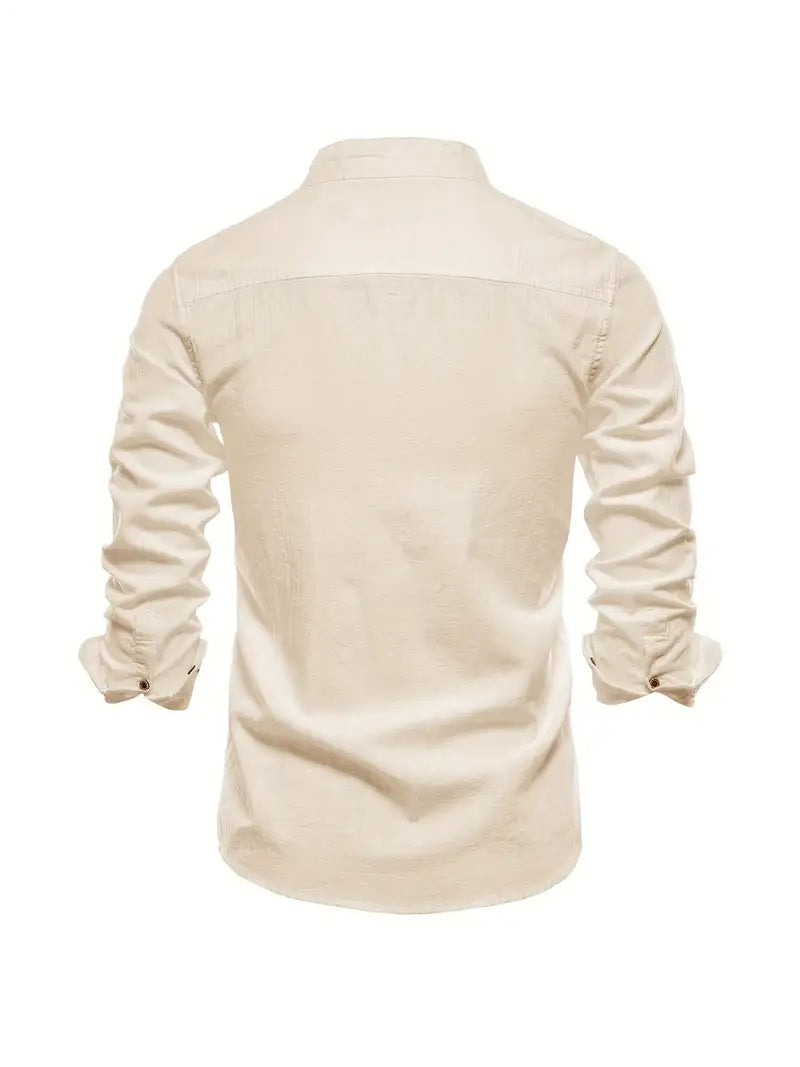 Versatile men's long sleeve casual shirt, button-up design with stand collar for spring, summer, autumn.