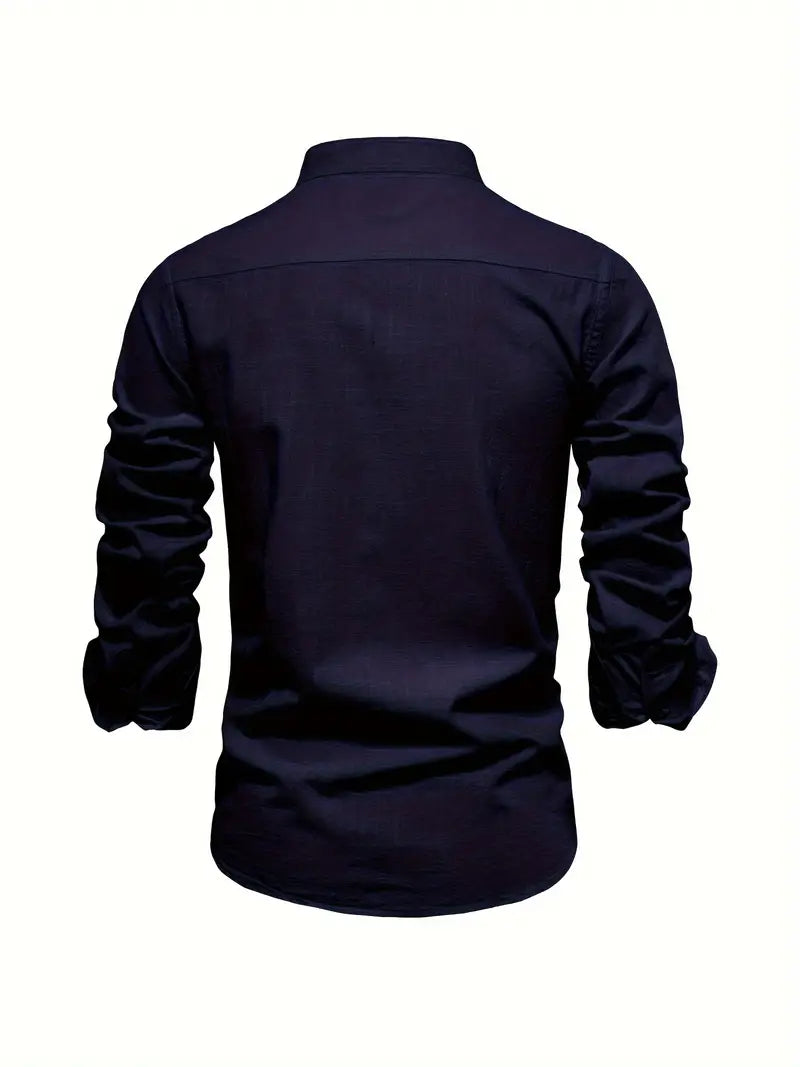 Men's autumn wear long sleeve button-up casual shirt with a stand collar for versatile men's fashion.