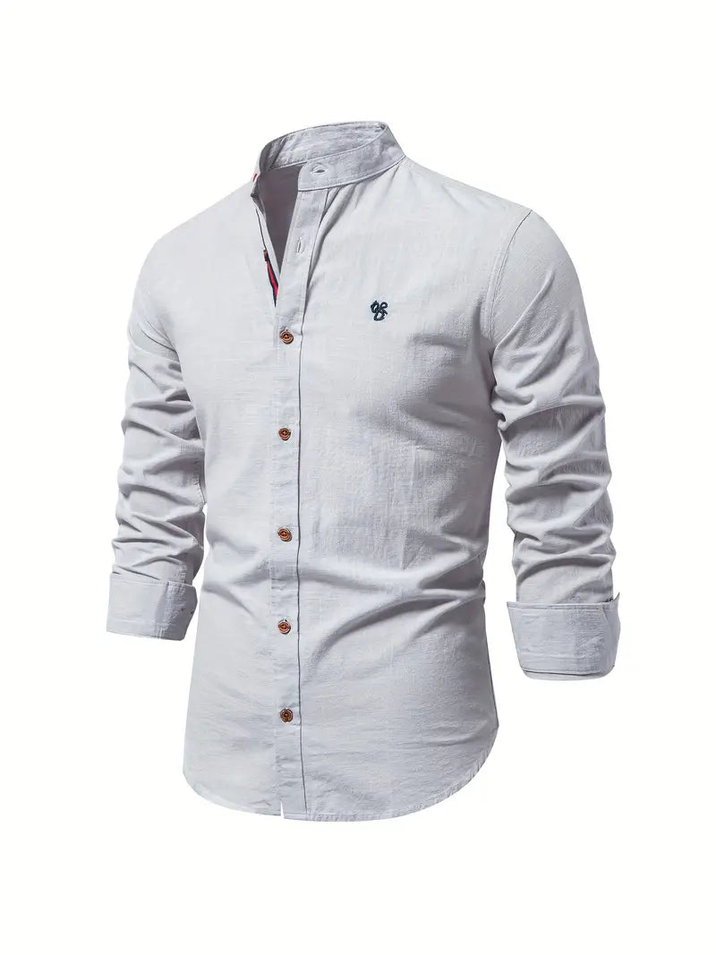 Spring fashion men's long sleeve button-up shirt, a solid color casual top for everyday style.