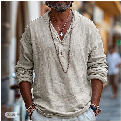 Men's casual popover shirt, lightweight long sleeve for summer comfort, ideal for travel & everyday wear.