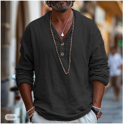 Lightweight men's summer popover shirt, long sleeve for breathable comfort, perfect for casual fashion & travel.