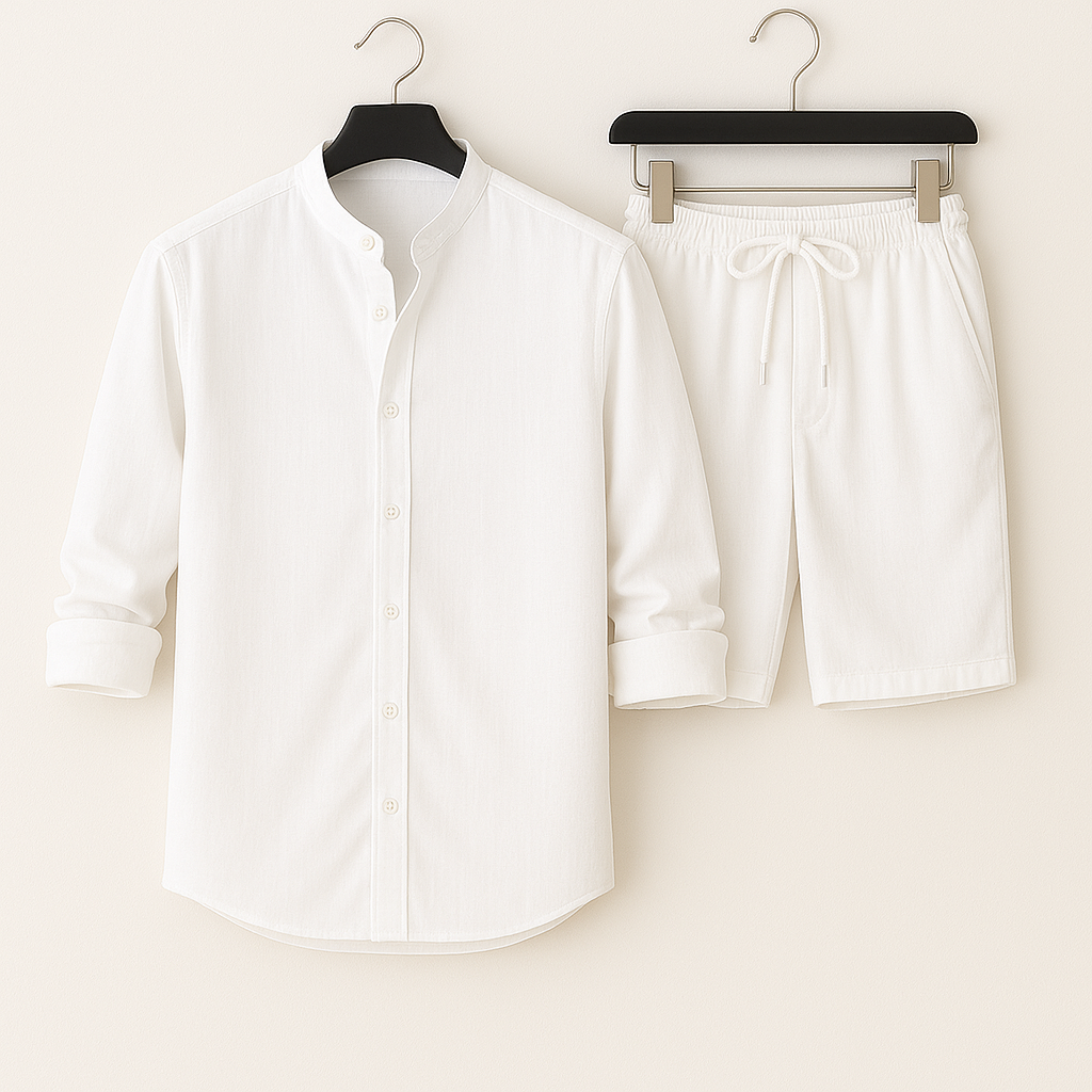 Men's casual summer matching set: short-sleeve shirt & comfortable shorts. Perfect beach holiday outfit.