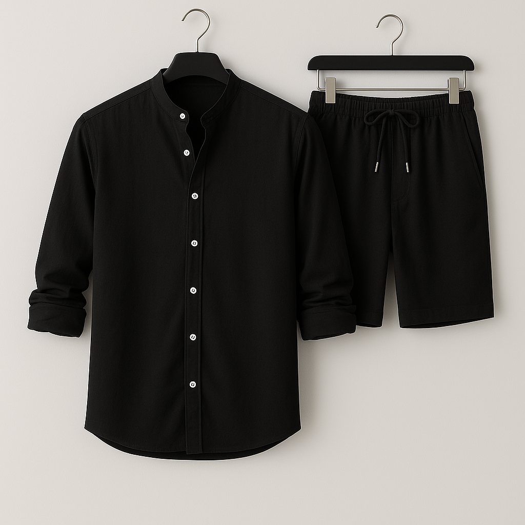 Stylish men's matching summer outfit, featuring a relaxed shirt & elastic-waist shorts for casual wear.