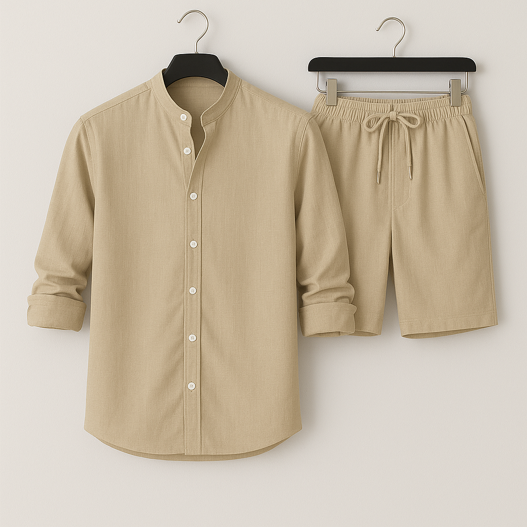 Comfortable men's summer lounge set. Breathable short-sleeve shirt and matching shorts for warm days.