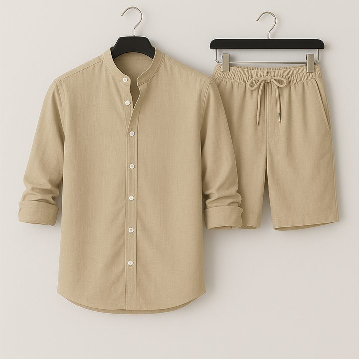 Comfortable men's summer lounge set. Breathable short-sleeve shirt and matching shorts for warm days.