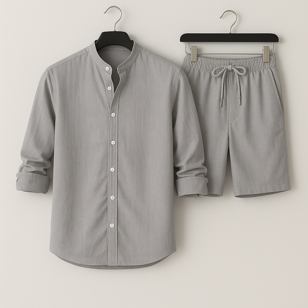 Fashionable men's two-piece set for summer. Casual shirt & shorts, ideal for holidays or beachwear.