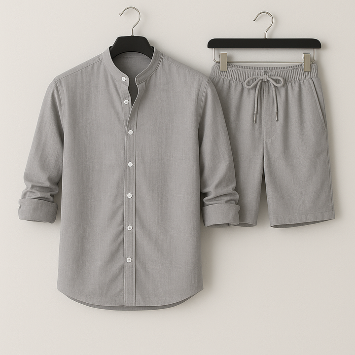 Fashionable men's two-piece set for summer. Casual shirt & shorts, ideal for holidays or beachwear.