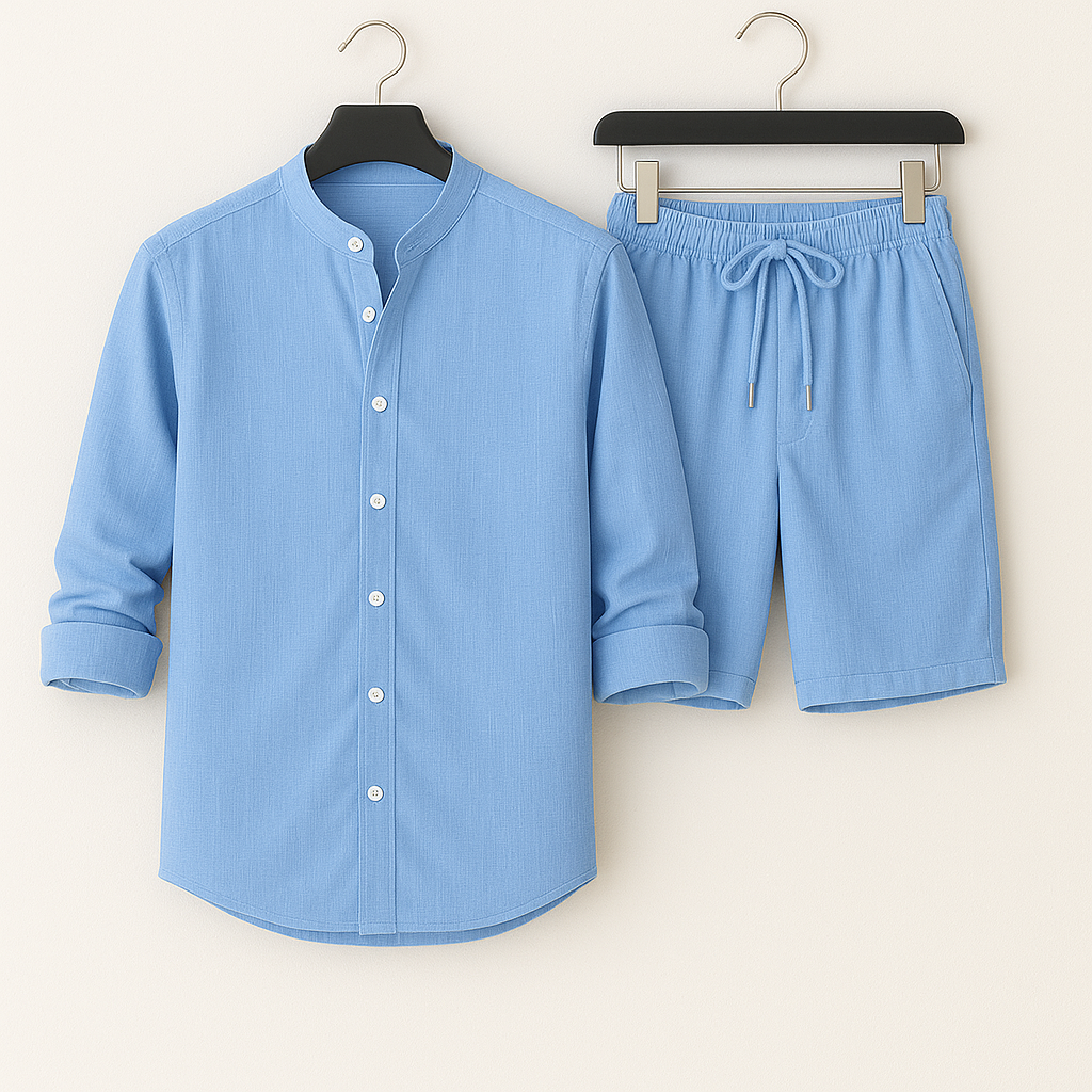 Men's casual summer outfit. Lightweight matching shirt and shorts, great for relaxing or travel.