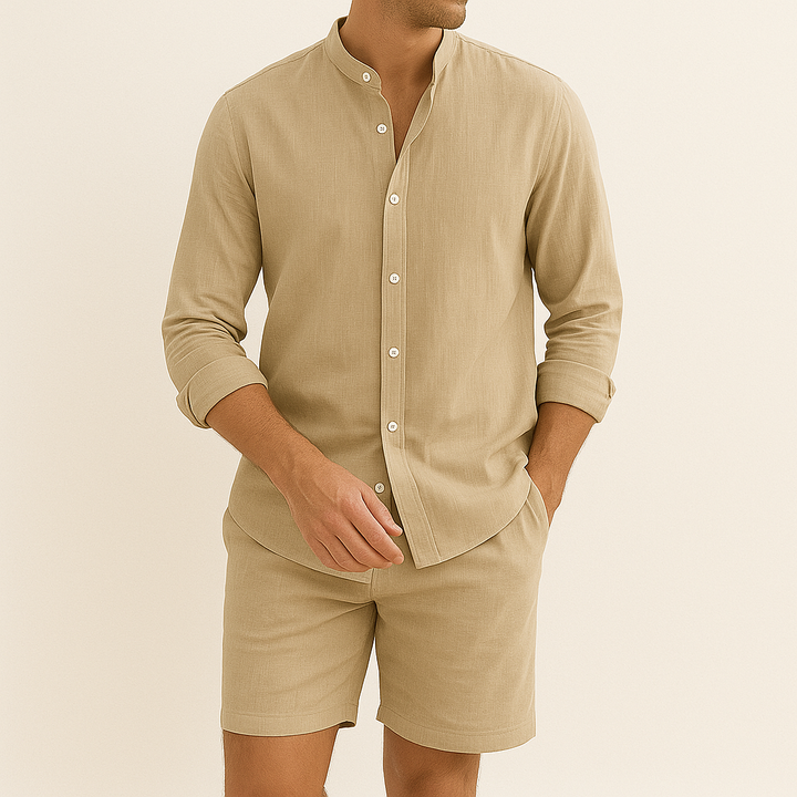 Detail of men's comfortable summer shorts. Elastic waistband & soft material, perfect for lounge or beach.