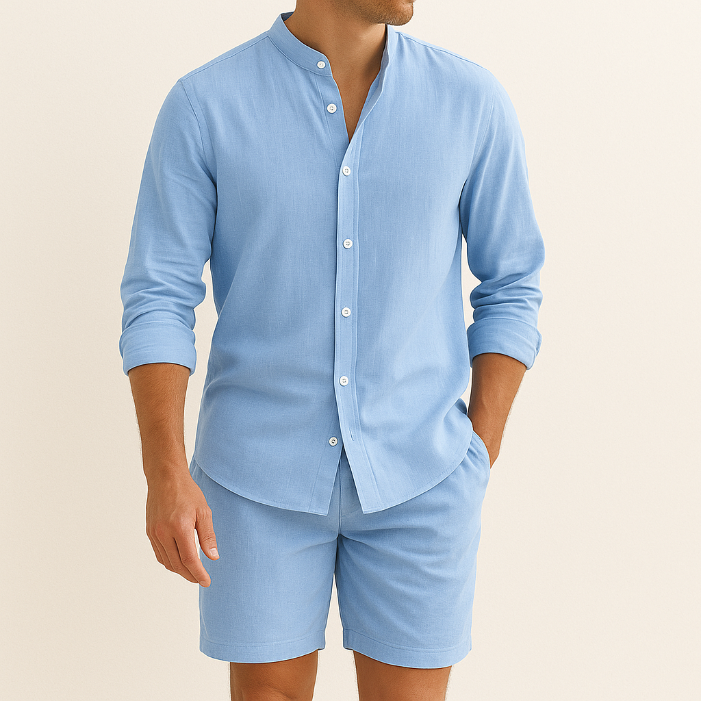 Man wearing a stylish men's casual summer matching set, ready for beach activities or a relaxed holiday.