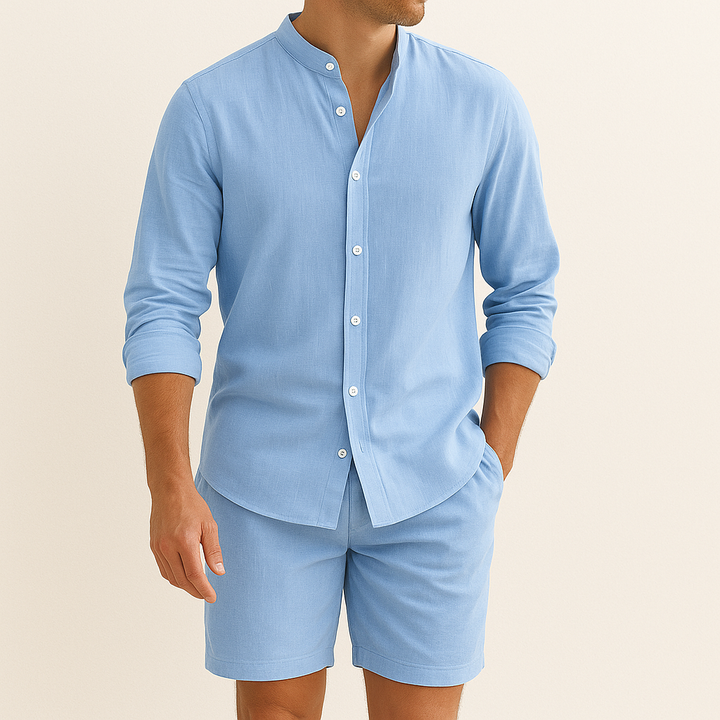 Man wearing a stylish men's casual summer matching set, ready for beach activities or a relaxed holiday.