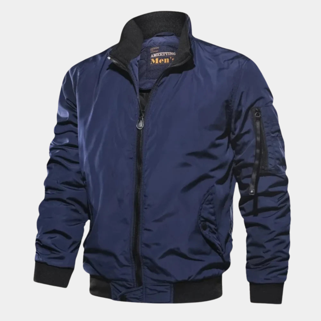 Men's classic black wind-resistant bomber jacket, ideal fall outerwear. Features sturdy zipper closure & ribbed trim.