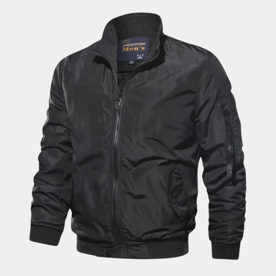Stylish men's wind-resistant bomber jacket, perfect casual outerwear for fall & winter. Essential layering piece.