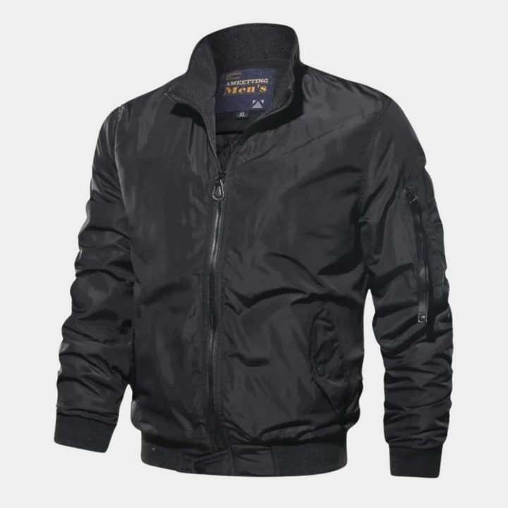 Stylish men's wind-resistant bomber jacket, perfect casual outerwear for fall & winter. Essential layering piece.