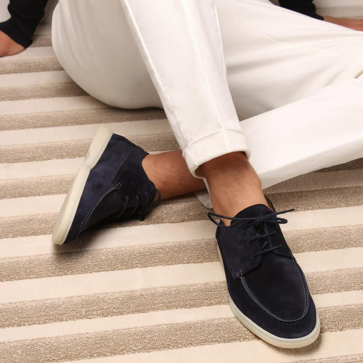 Detailed view of the stitching on men's Diederik leather lace-up loafers.