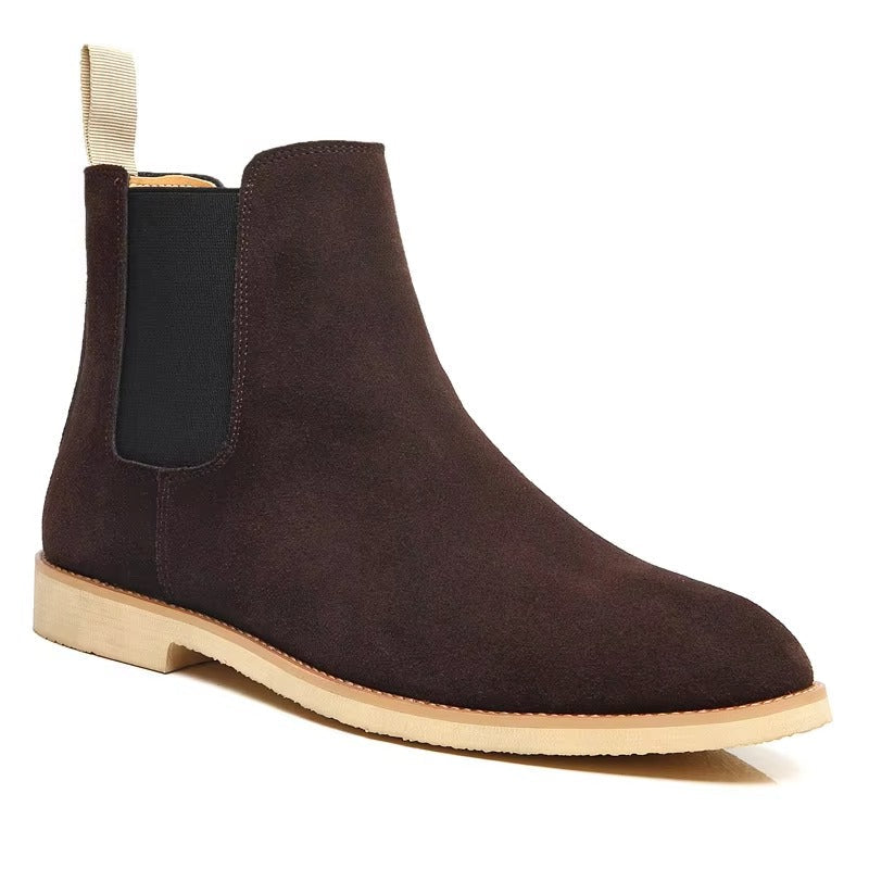 Men's classic brown suede-look Chelsea ankle boots, slip-on design for easy wear.