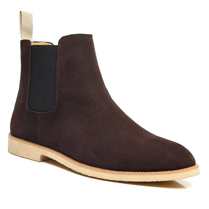 Men's classic brown suede-look Chelsea ankle boots, slip-on design for easy wear.